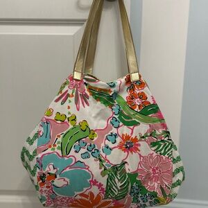 Lilly Pulitzer for Target Pink Multi Floral Canvas Tote with Gold Straps